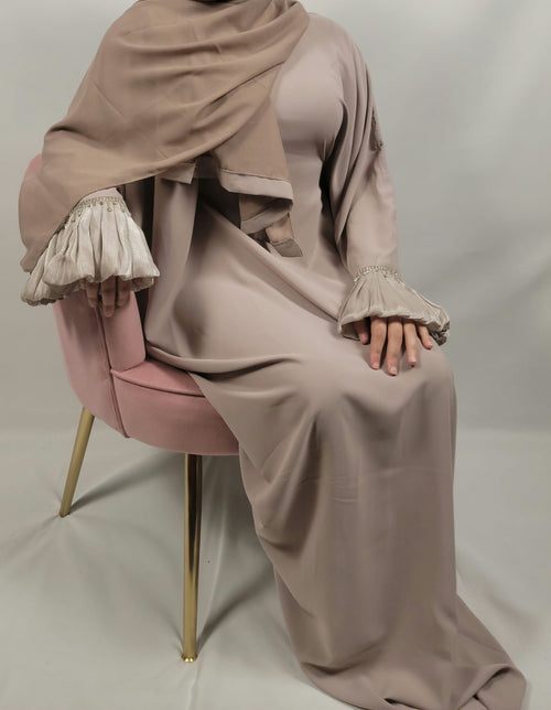 Almas Beige Butterfly Abaya in Premium Nida Fabric with Diamond Lace Sleeves