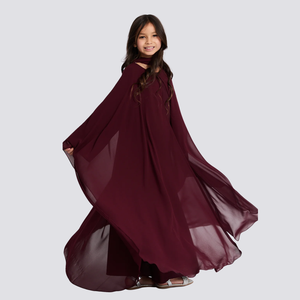 Junior Girls Closed Butterfly Abaya – Burgundy Rose