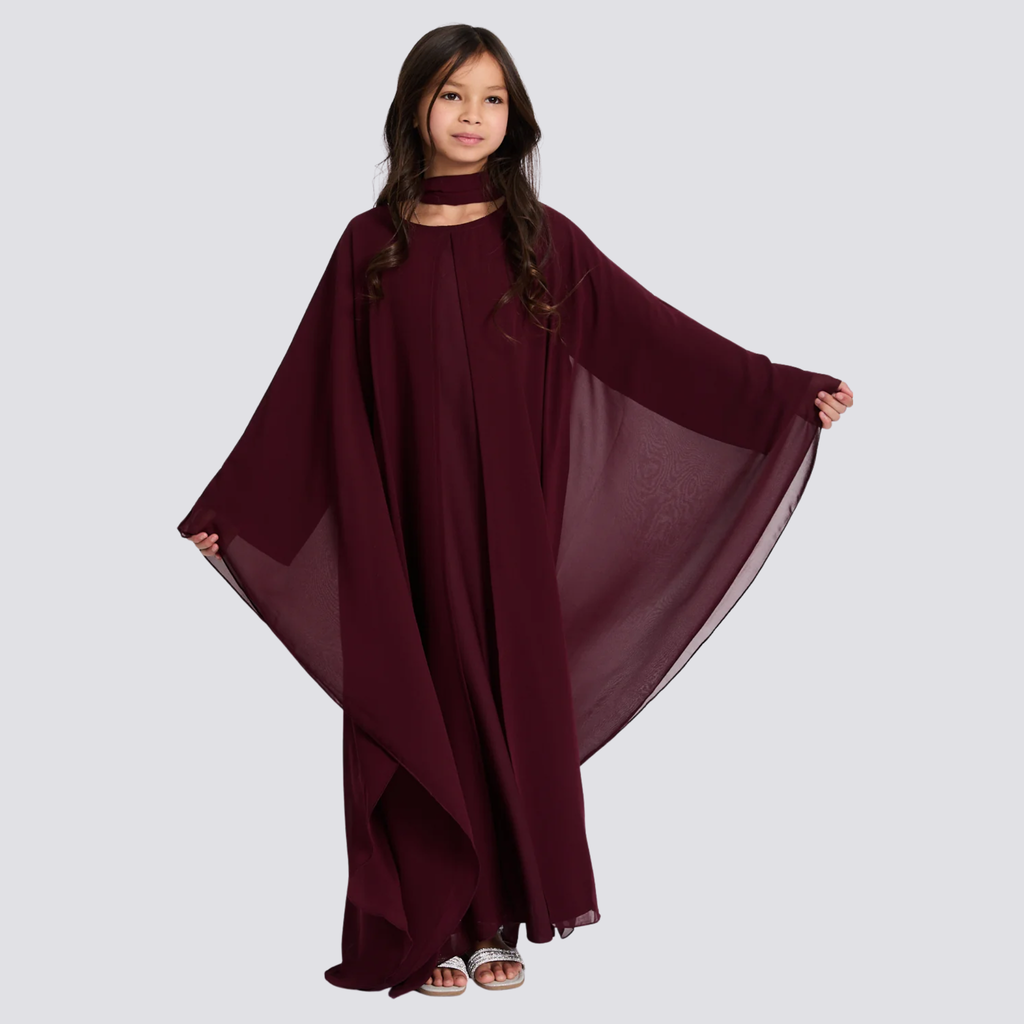 Junior Girls Closed Butterfly Abaya – Burgundy Rose