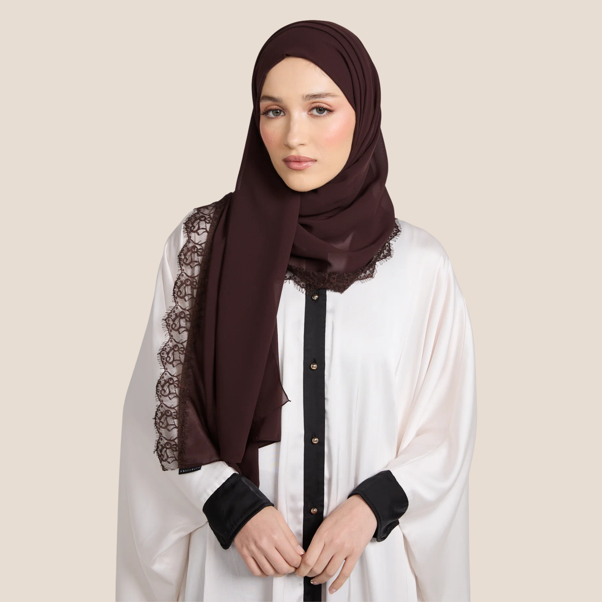Luxury Georgette Hijab with Lace Detailing – Espresso Dusk