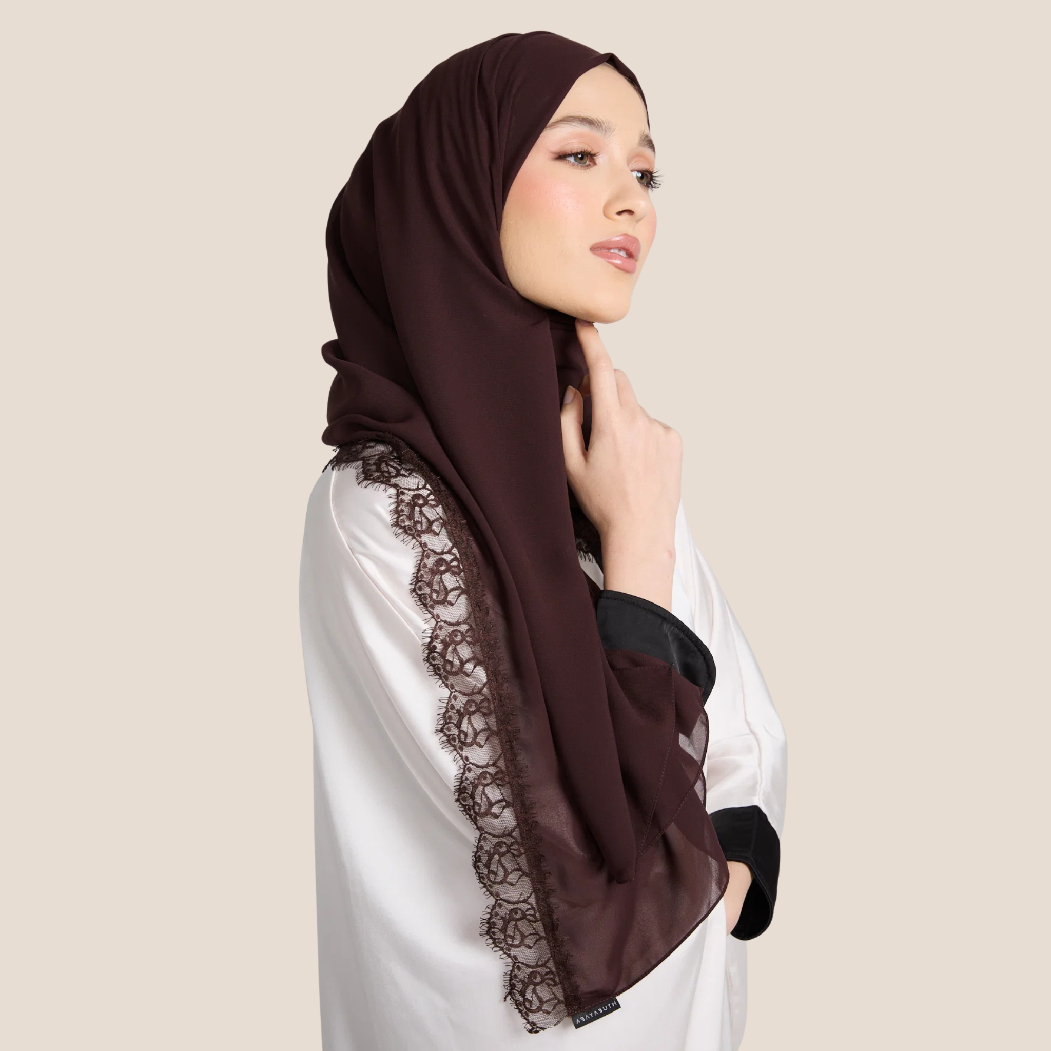 Luxury Georgette Hijab with Lace Detailing – Espresso Dusk