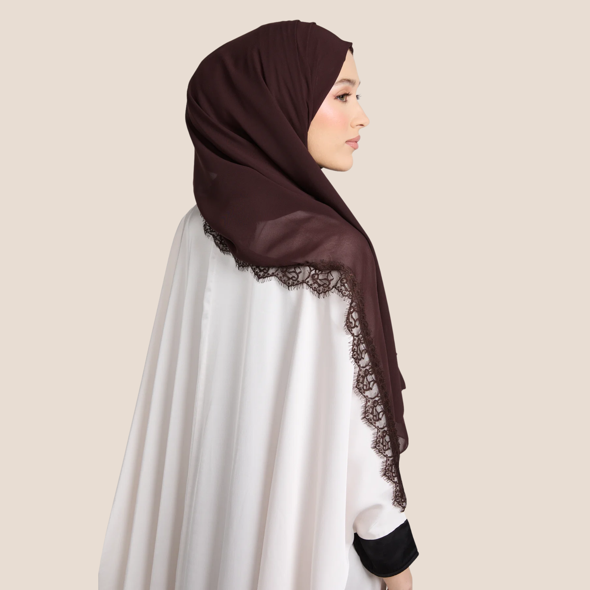Luxury Georgette Hijab with Lace Detailing – Espresso Dusk