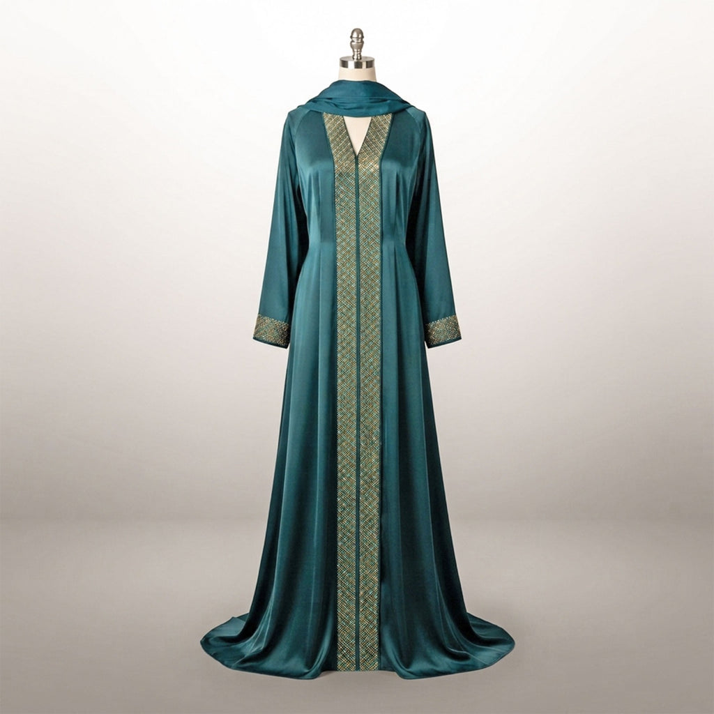 Amara Umbrella 3 Piece Abaya Set with Diamante Embellishments – Available in Teal & Gold Colors