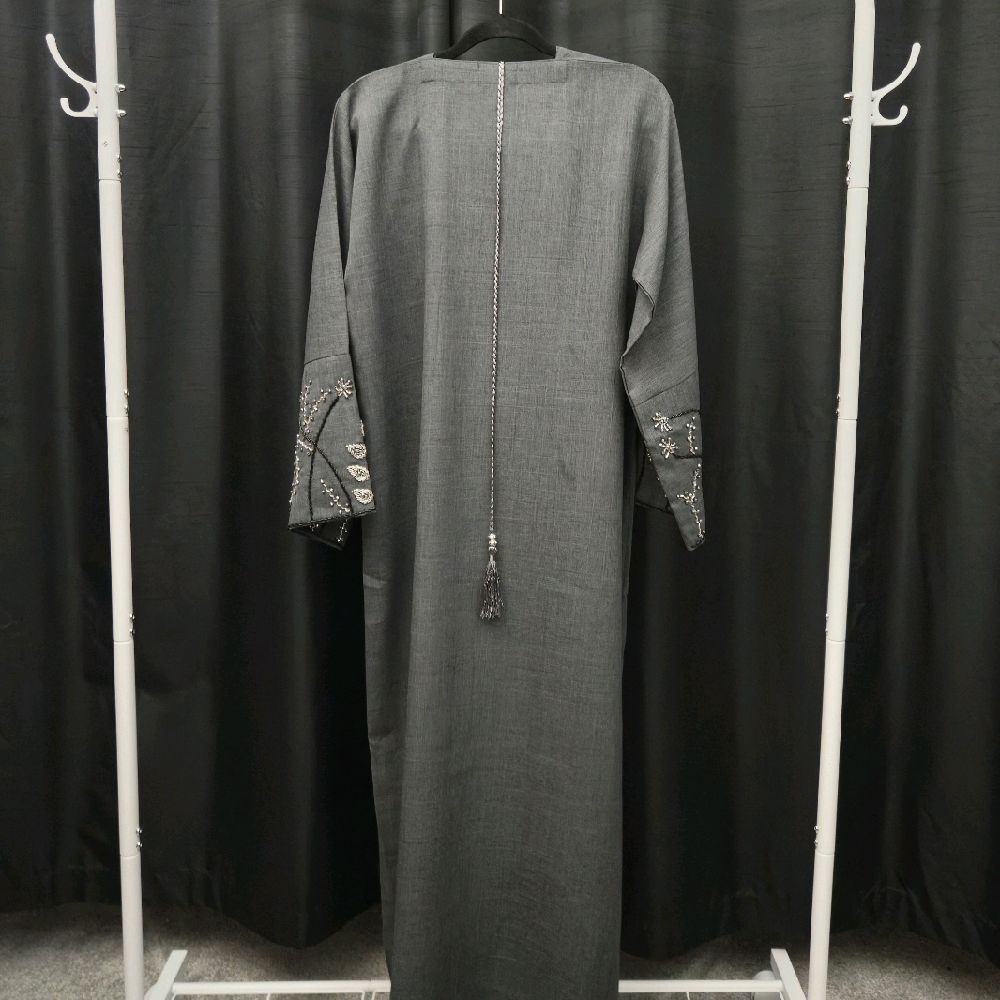 Maya 3 Piece Linen Abaya Set with Embroidered Detailing & V-Neck – Dark Grey