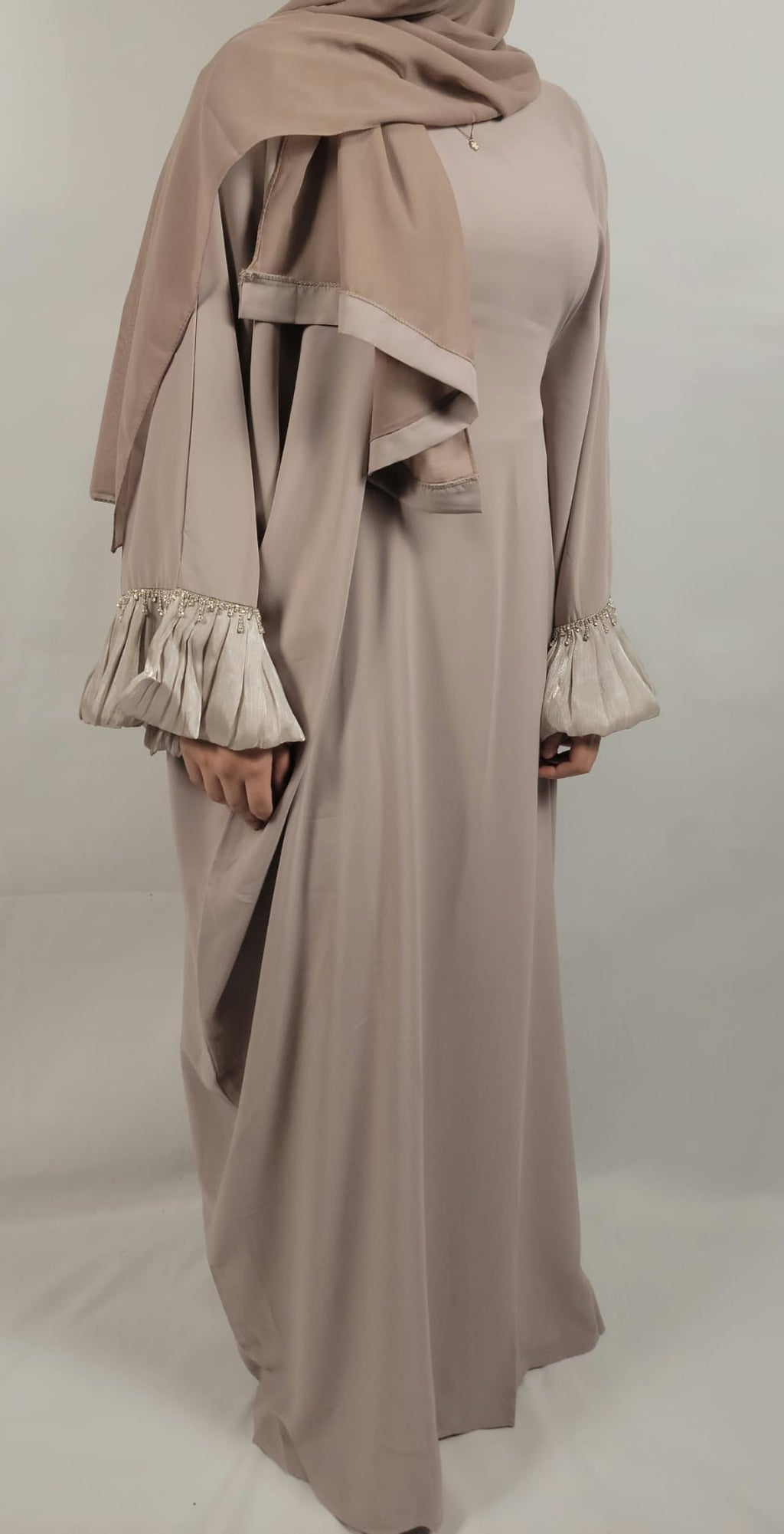 Almas Beige Butterfly Abaya in Premium Nida Fabric with Diamond Lace Sleeves