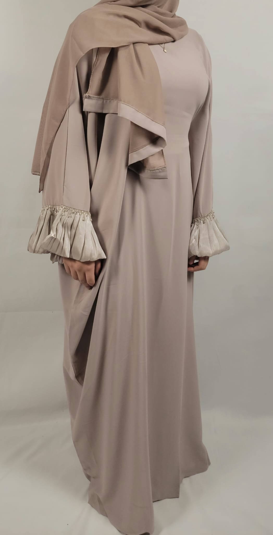 Almas Beige Butterfly Abaya in Premium Nida Fabric with Diamond Lace Sleeves