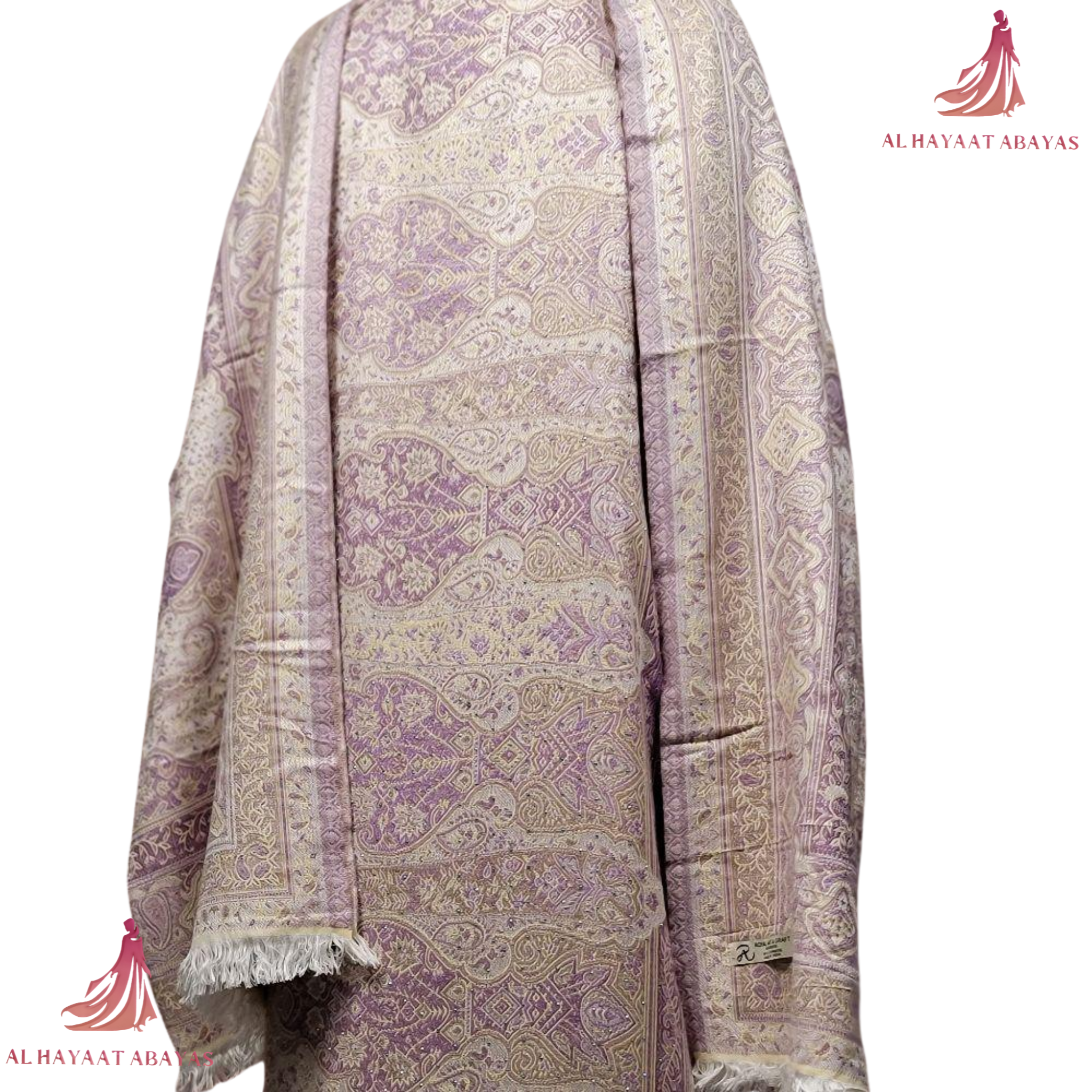 Decorative abaya with intricate patterns on a white background, featuring the brand 'Al Hayyat 
Pashmina Abaya UK
Printed Abaya UK
Indian Cashmere Abaya
Abaya UK
Modest Fashion UK
Women's Abaya
Luxury Abaya UK
Islamic Clothing UK
Muslim Women's Clothing
Modest Wear UKAbayas'.